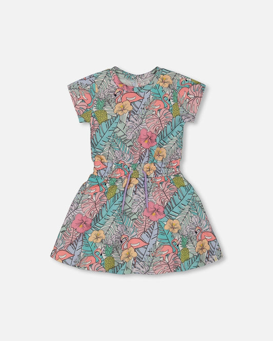 Printed French Terry Dress Lilac Tropical And Pink Flamingos