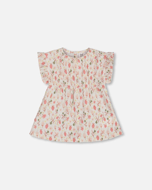 Printed Seersucker Blouse With Frills Pink Flowers On Cream Background