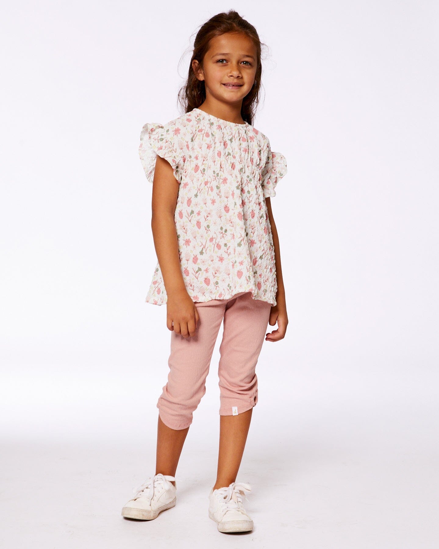 Printed Seersucker Blouse With Frills Pink Flowers On Cream Background