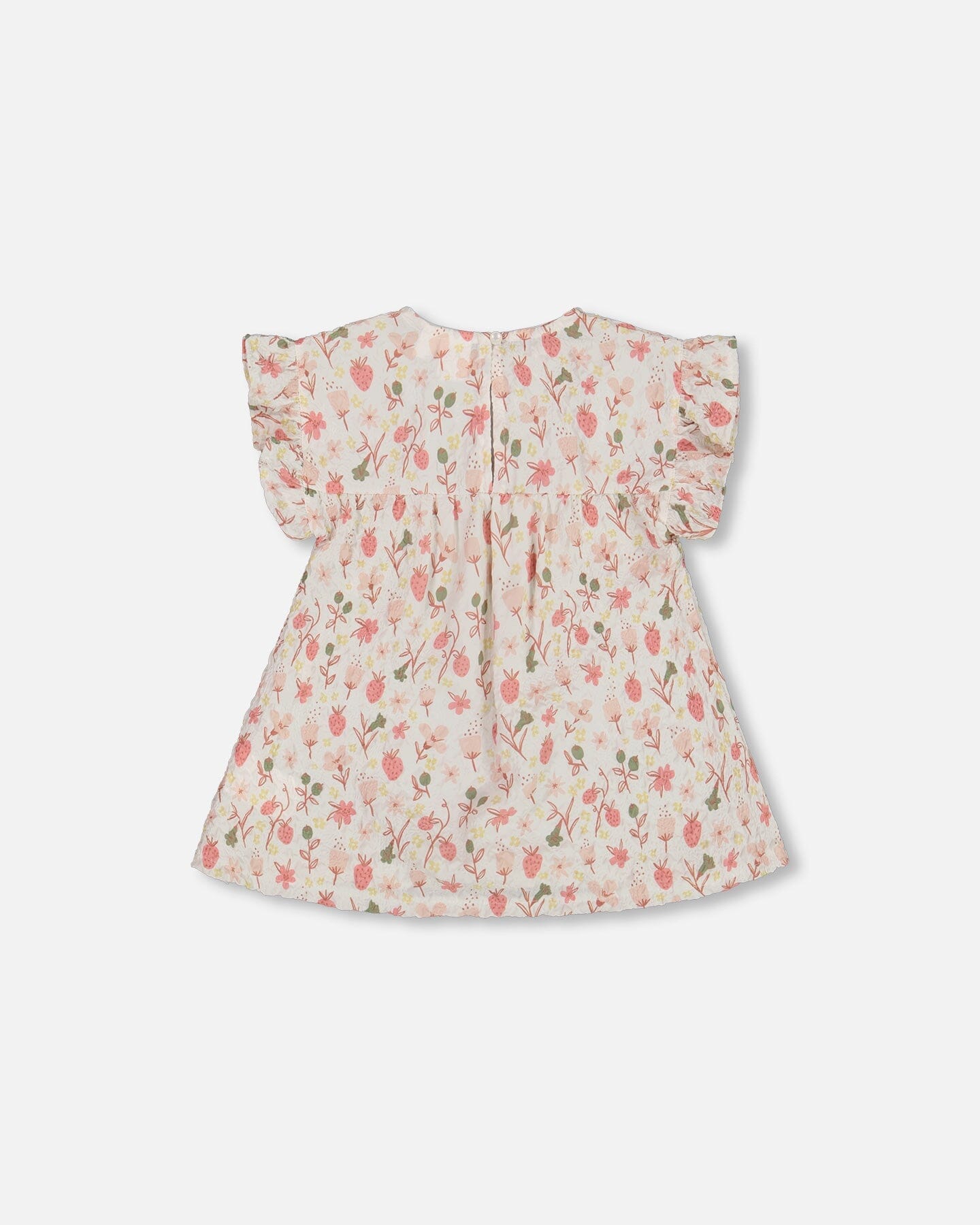 Printed Seersucker Blouse With Frills Pink Flowers On Cream Background
