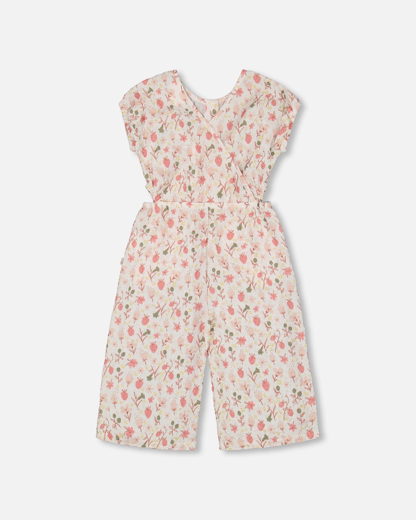 Printed Seersucker Jumpsuit With Cut Outs Pink Flowers On Cream Background