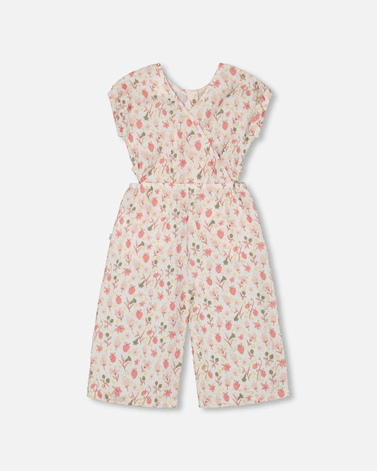 Printed Seersucker Jumpsuit With Cut Outs Pink Flowers On Cream Background