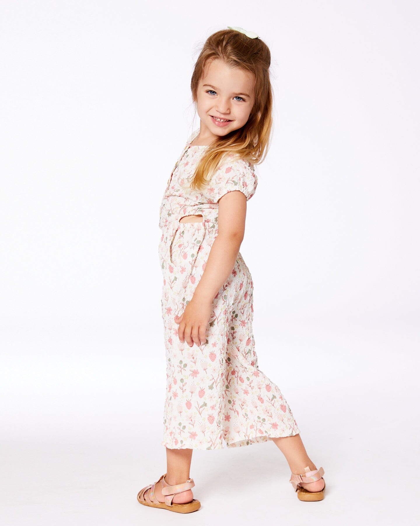 Printed Seersucker Jumpsuit With Cut Outs Pink Flowers On Cream Background