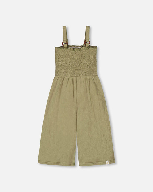 Smocked Crinkle Jersey Jumpsuit Olive Green