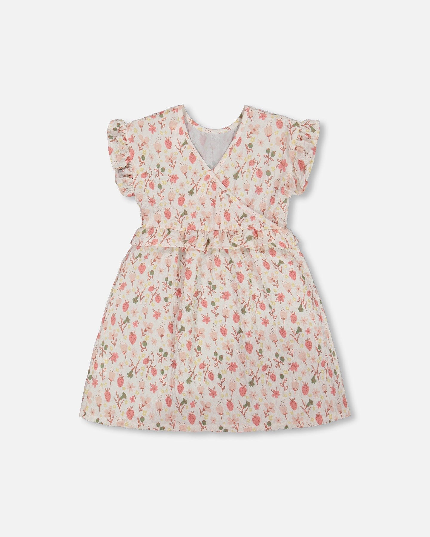 Printed Seersucker Dress With Frill Pink Flowers On Cream Background