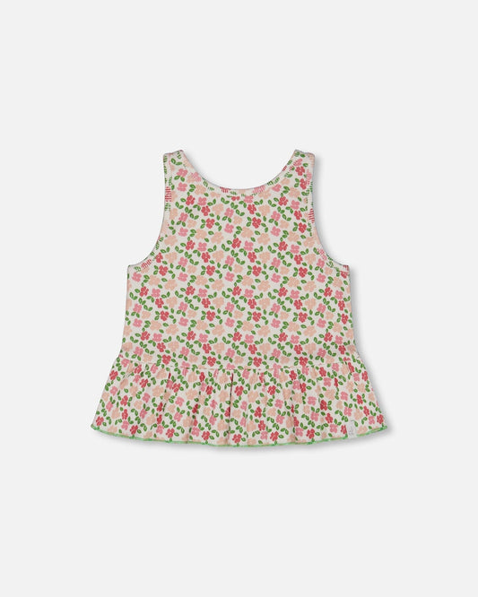 Printed Tank Top With Flounce Small Flowers On White Background