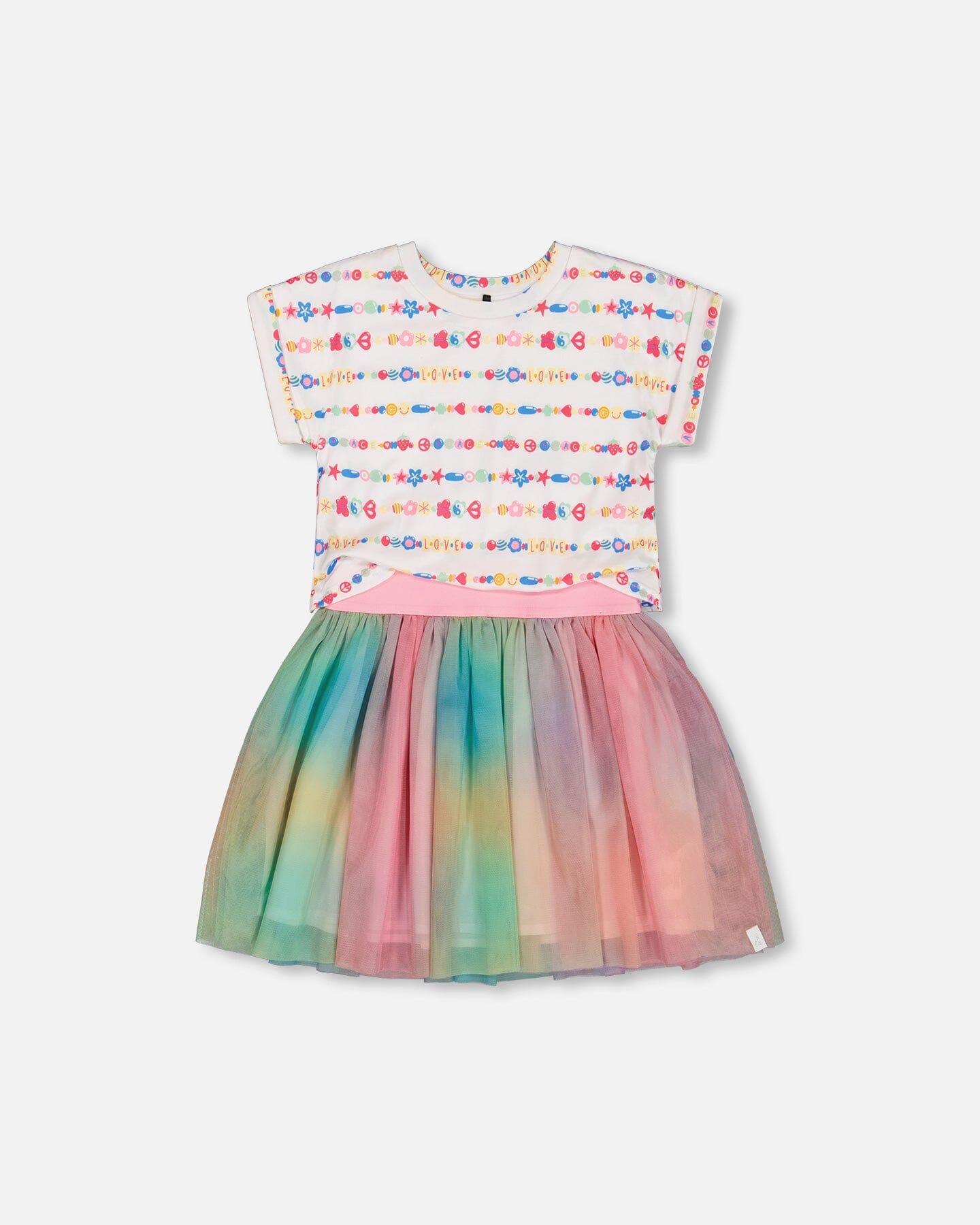 Bi-Material Dress With Mesh Skirt Multicolored Tie Dye And White