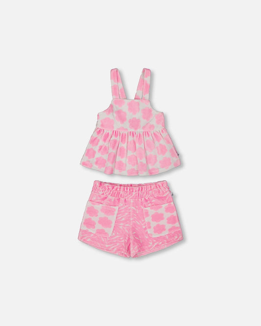 Printed Terry Tank Top And Shorts Set Vibrant Pink And White