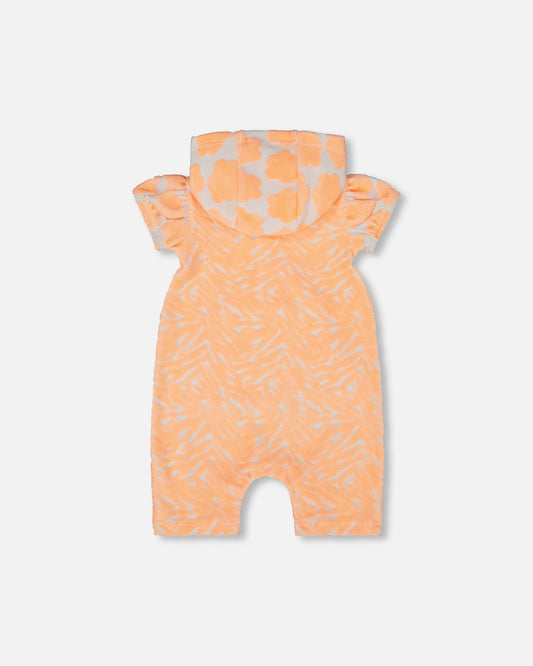 Printed Terry Romper With Hood Vibrant Orange And White