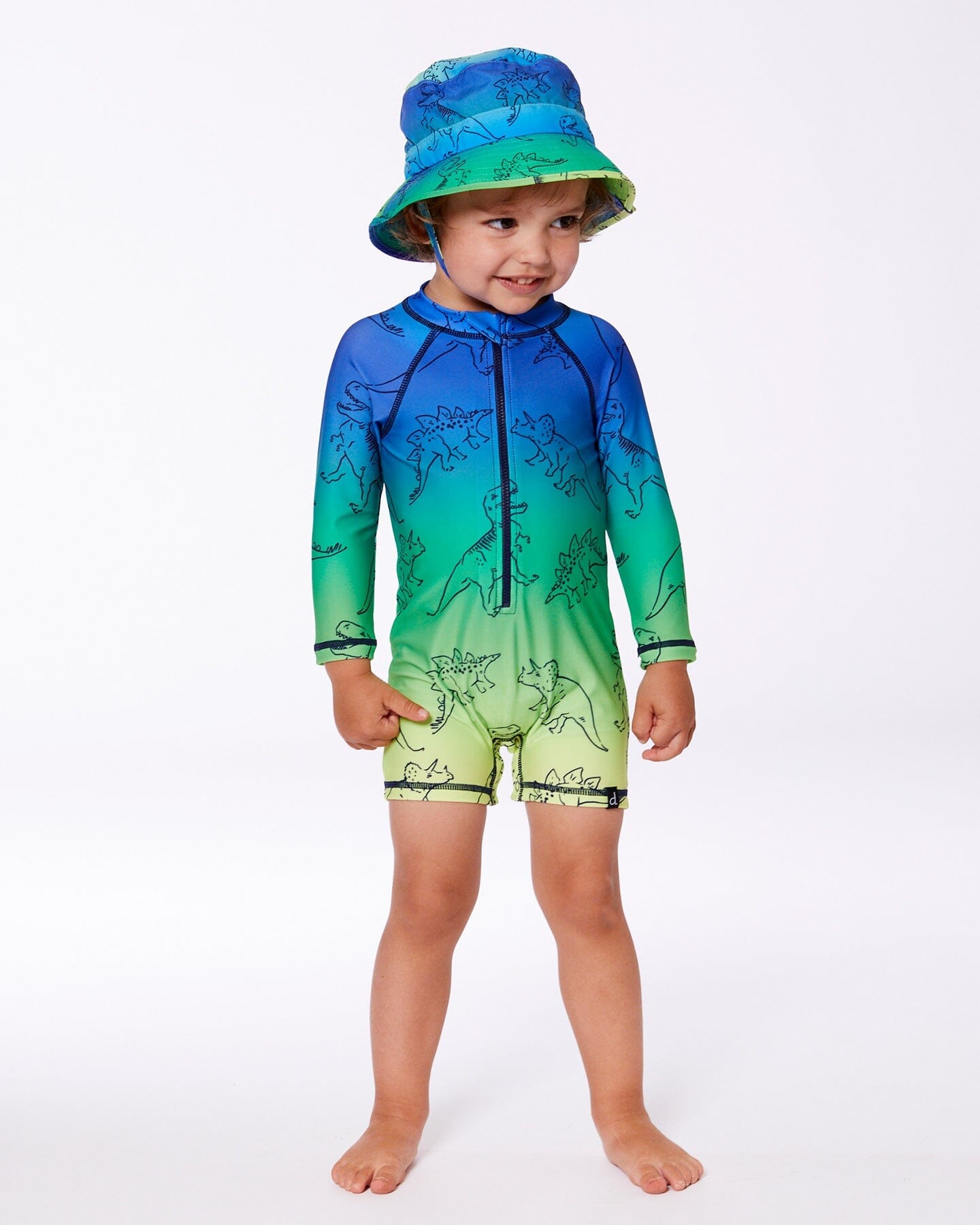 Printed Long Sleeve One-Piece Rashguard Vibrant Blue And Green Dino