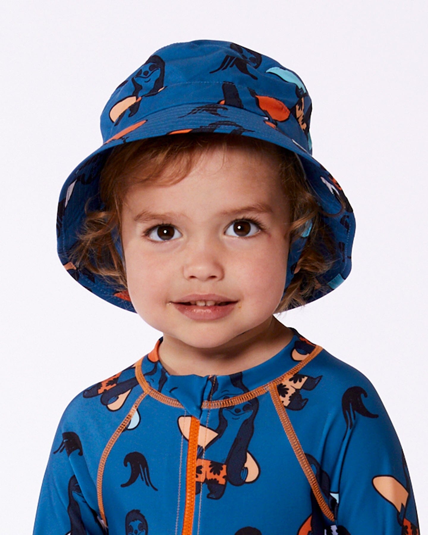 Printed Beach Hat Orange Sloths On Navy Blue