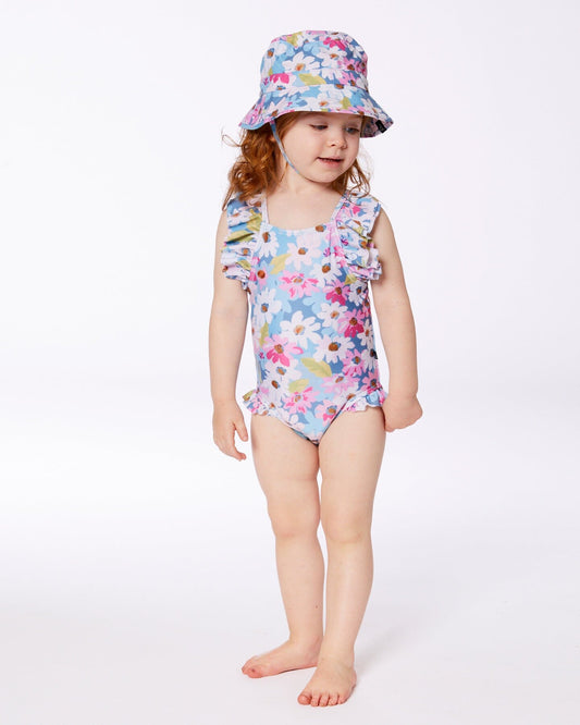 Printed One-Piece Swimsuit With Frills White, Pink, And Green Flowers