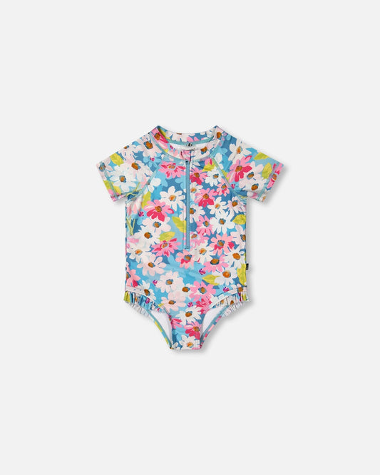 Printed Short Sleeve One-Piece Swimsuit With Frills White, Pink, And Green Flowers