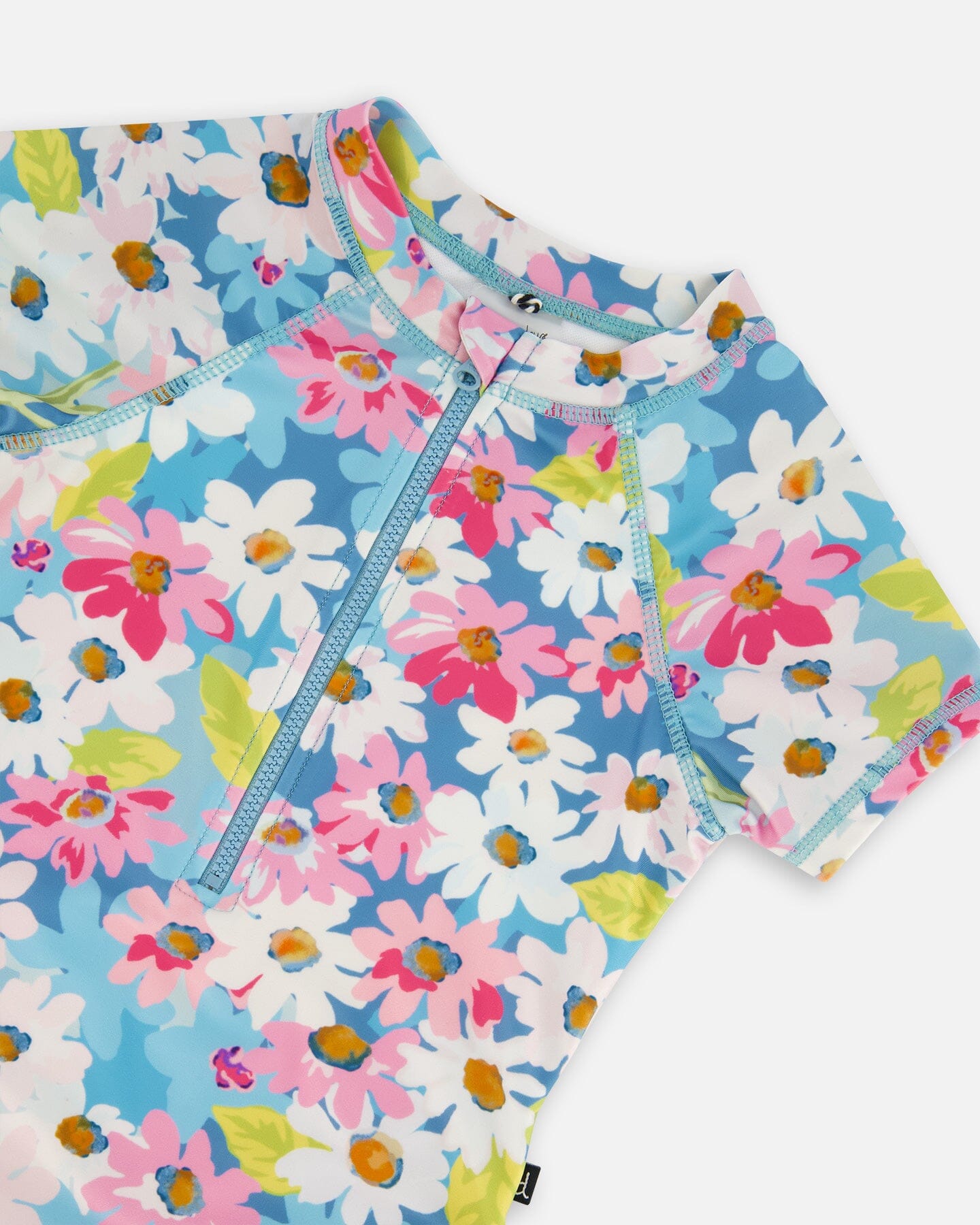 Printed Short Sleeve One-Piece Swimsuit With Frills White, Pink, And Green Flowers