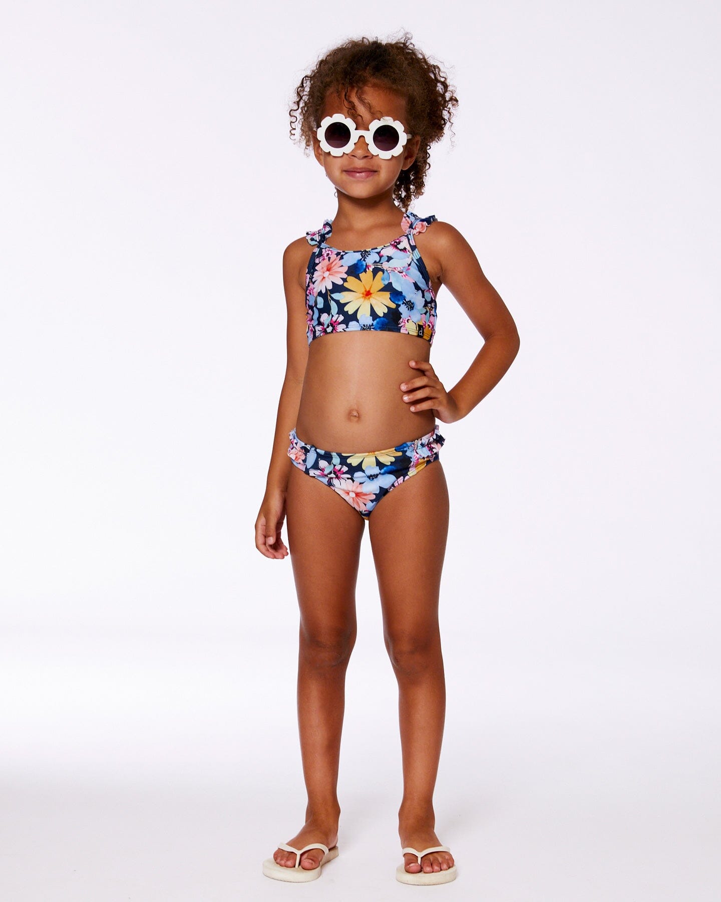 Printed Two-Piece Swimsuit Navy And Yellow And Pink Flowers