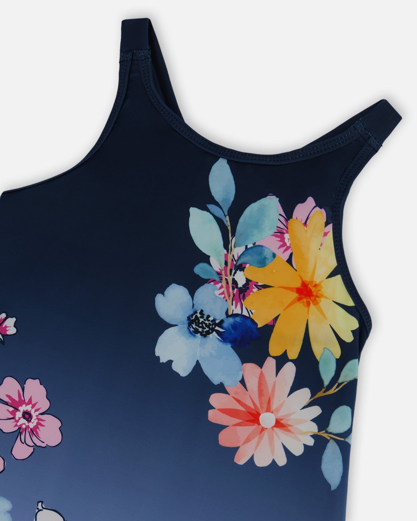 Printed Beach Dress Yellow, Pink Flowers On Navy Blue Background