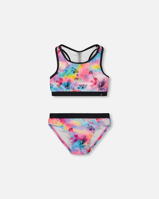 Printed Two-Piece Racerback Swimsuit Butterflies On Multicolored And Black Background