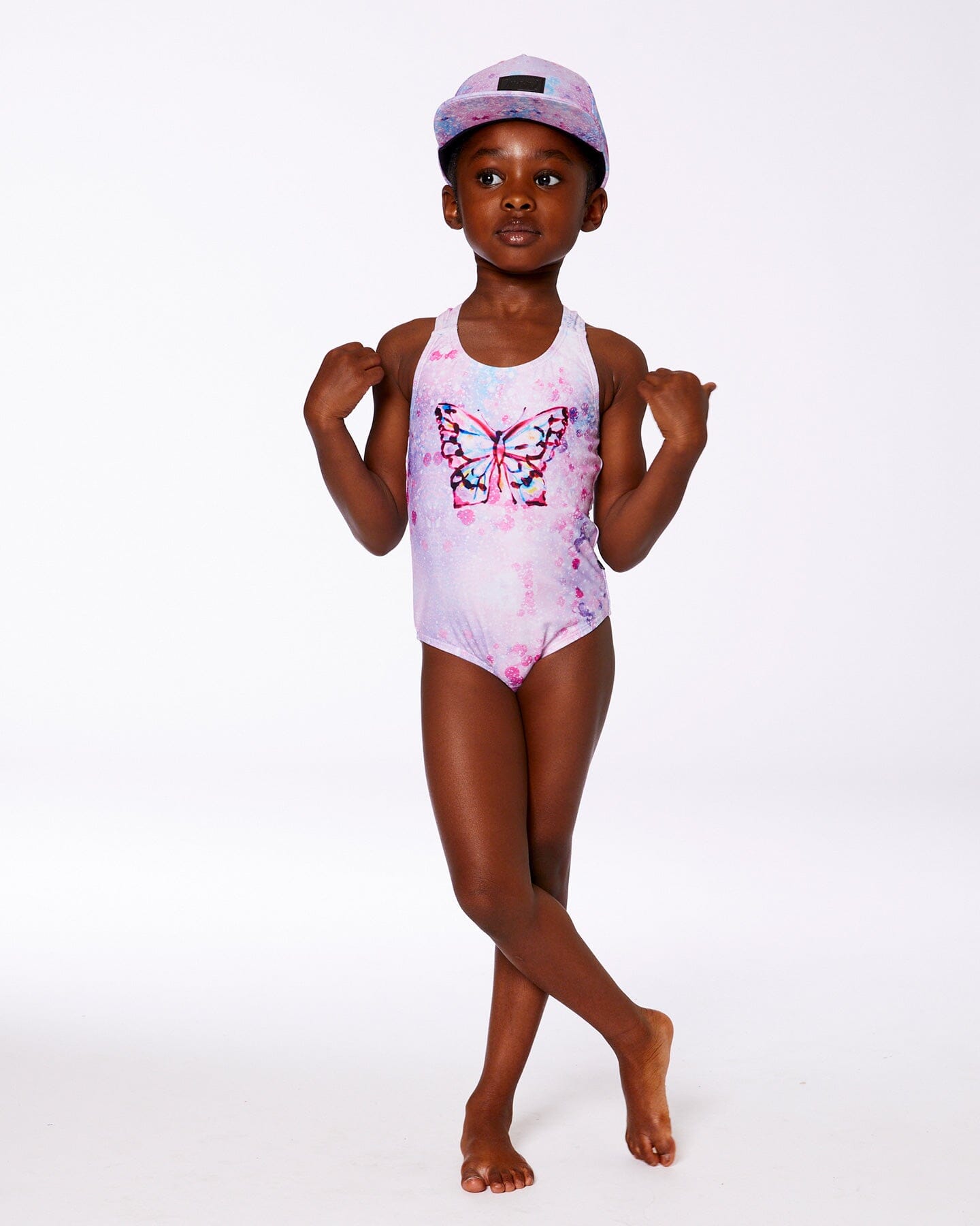 Printed One-Piece Swimsuit Pink Butterflies With Bubble Effects