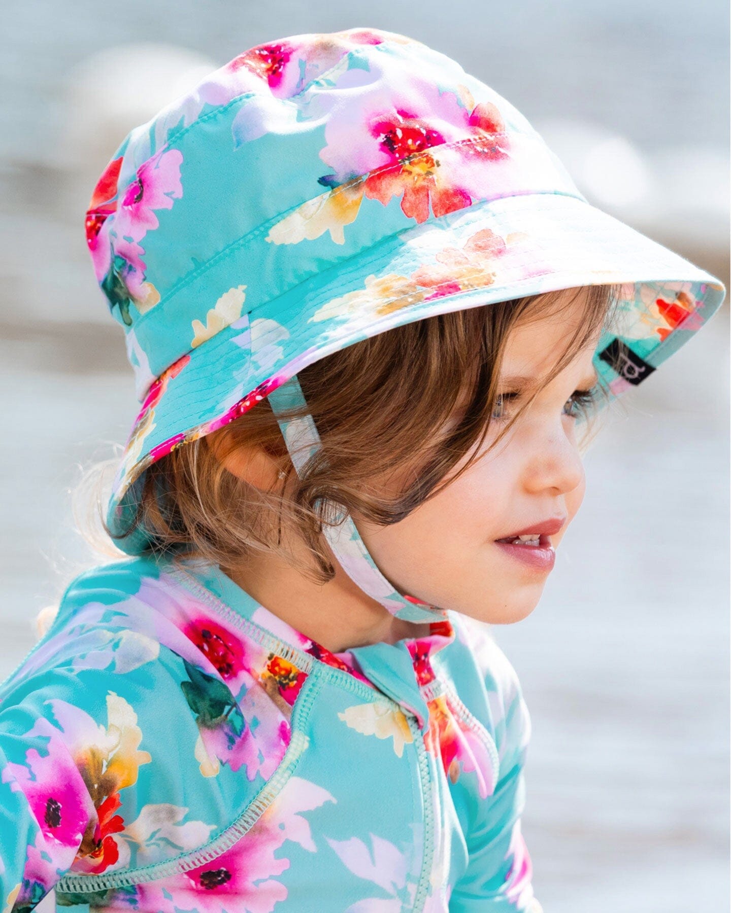 Printed Beach Sun Hat Turquoise And Pink Flowers