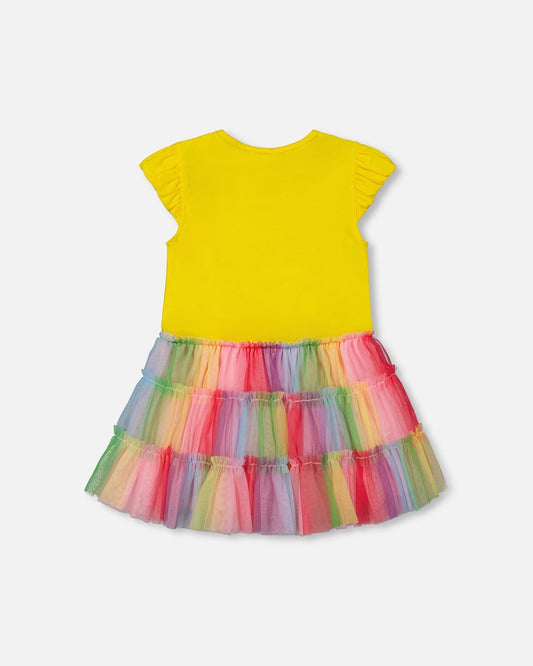 Short Sleeve Dress With Ruffle Tulle Skirt Multicolored