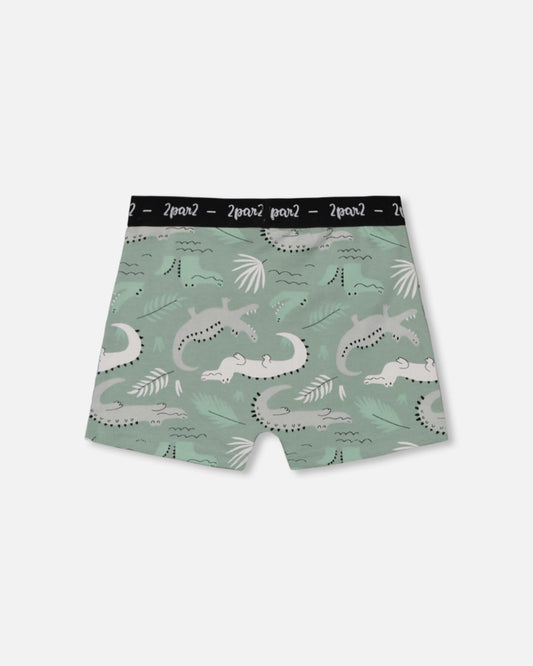 Printed Organic Cotton Boxer Shorts Light Sage And Gray Crocodile