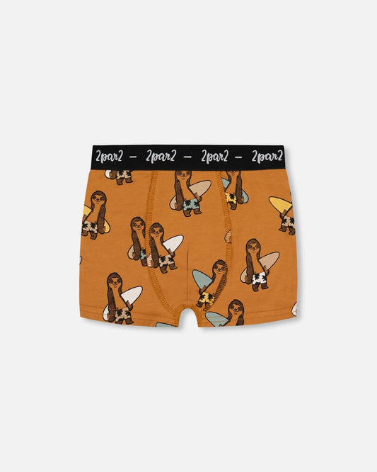 Printed Organic Cotton Boxer Shorts Sloths On Tan Background