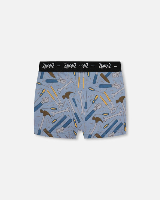 Printed Organic Cotton Boxer Shorts Tools On Bluish Gray Background