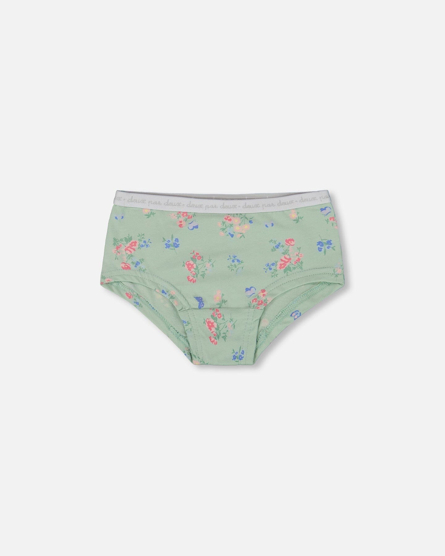 Printed Organic Cotton Boyshort Panty Small Pink And Blue Flowers On Light Sage