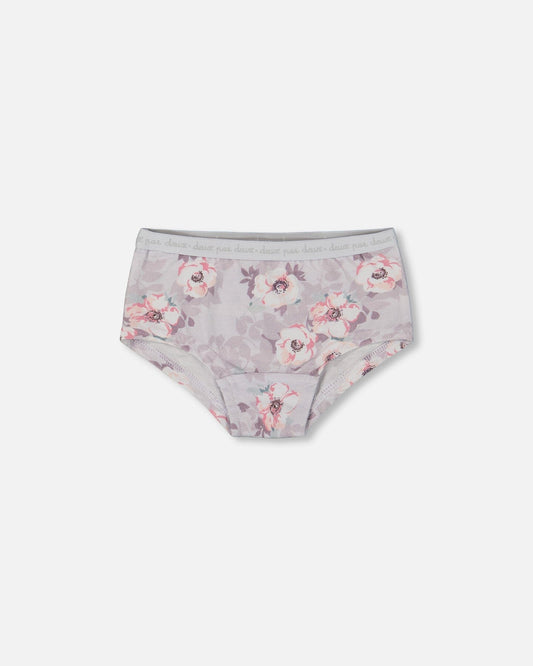 Printed Organic Cotton Boyshort Panty Pale Pink Flowers On Neutral Lilac