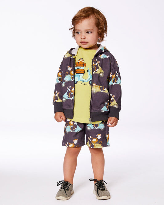 Printed French Terry Short Monkey On Navy Moped