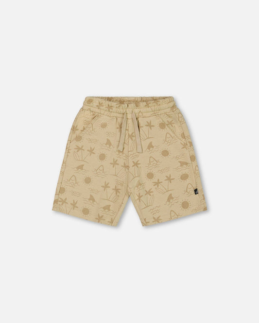 Printed French Terry Short Beige With Palm Trees