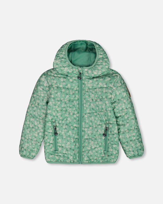 Printed Quilted Mid-Season Jacket Small White Flowers On Sage Green Background