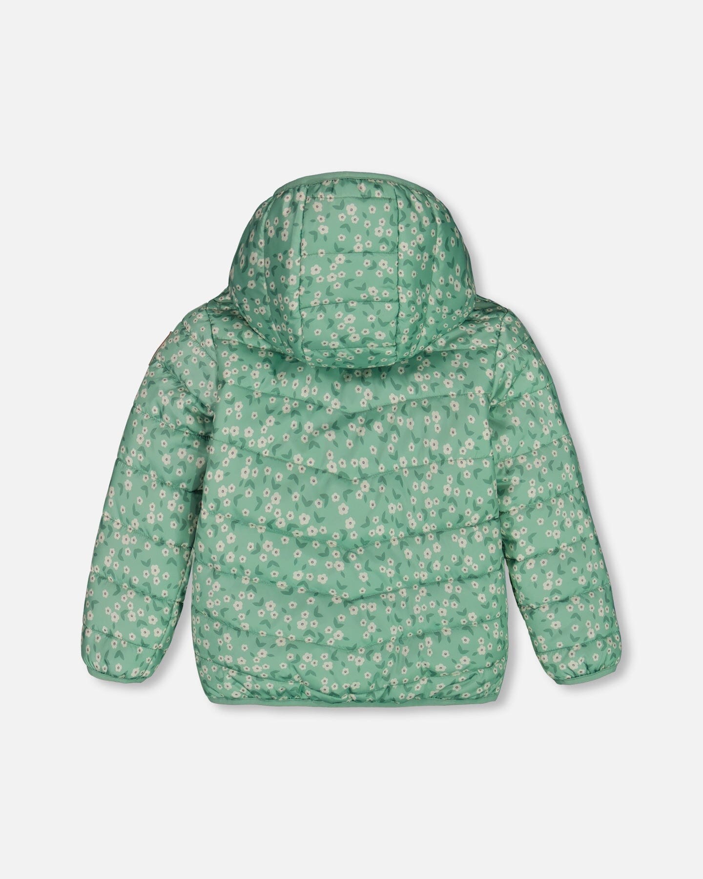 Printed Quilted Mid-Season Jacket Small White Flowers On Sage Green Background