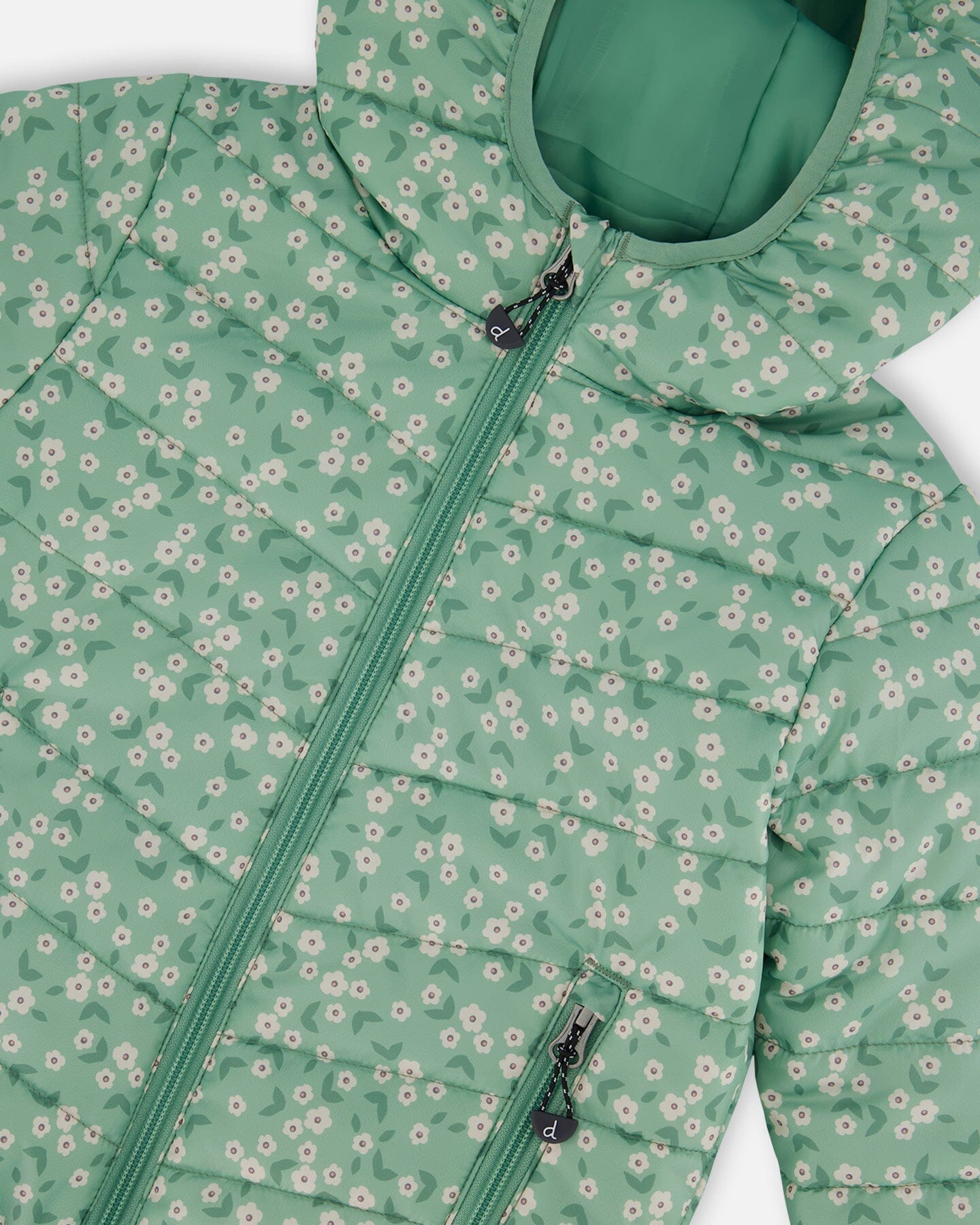 Printed Quilted Mid-Season Jacket Small White Flowers On Sage Green Background