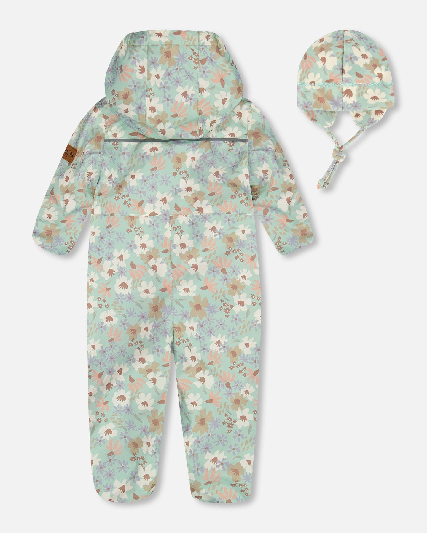 Baby Printed Mid-Season One-Piece Outerwear With Hat Small White Flowers On Turquoise And Lilac