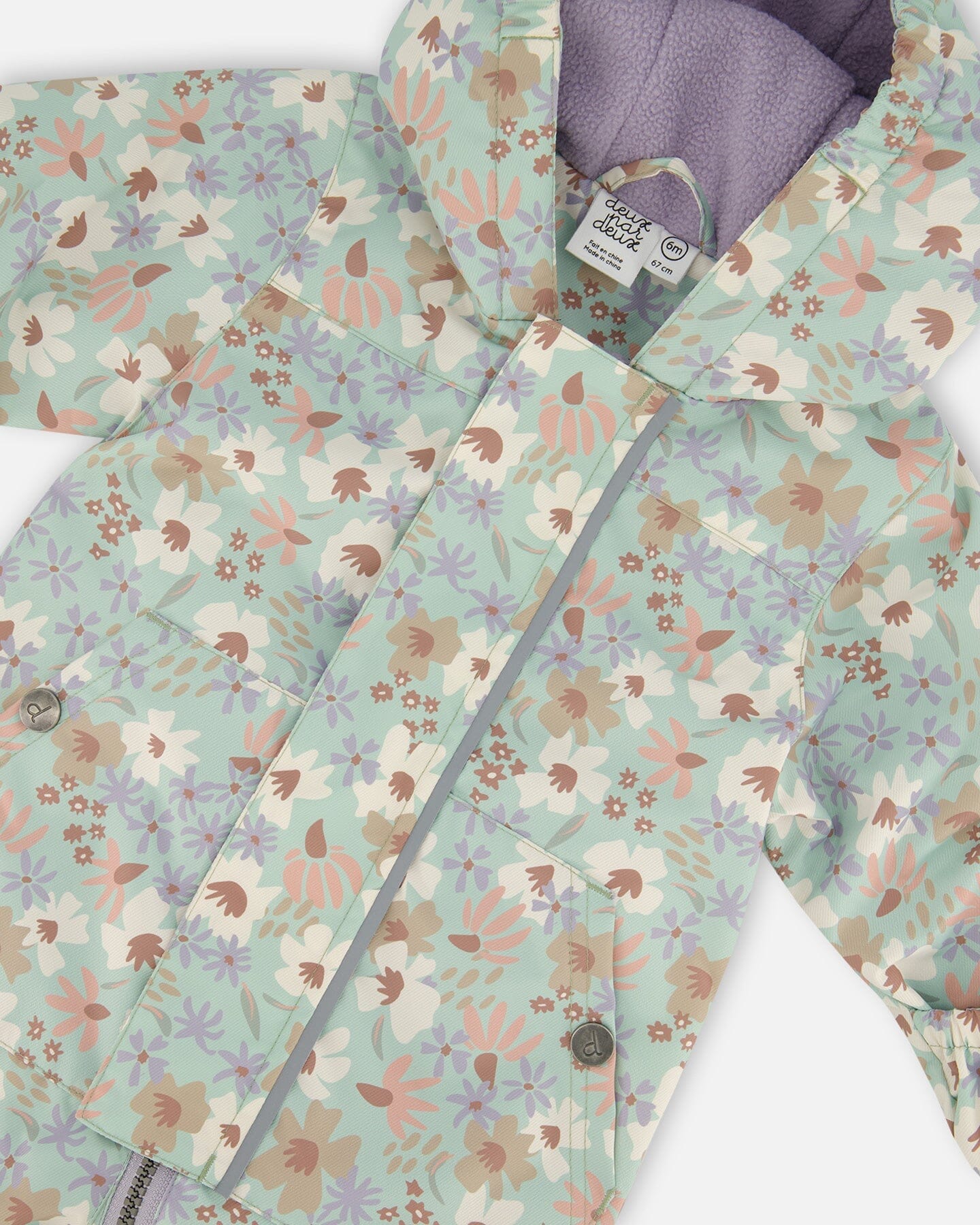 Baby Printed Mid-Season One-Piece Outerwear With Hat Small White Flowers On Turquoise And Lilac