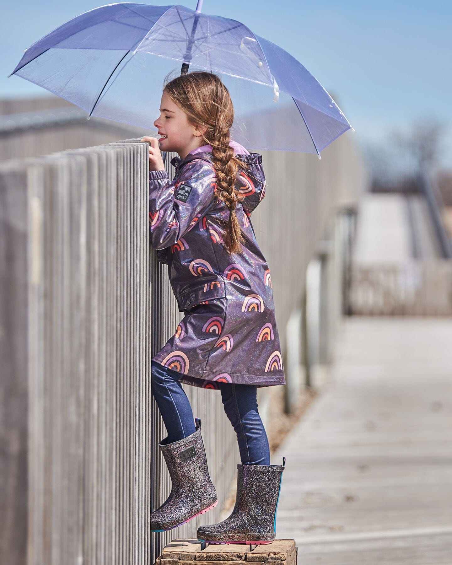 Printed Rain Coat With Hat Rainbow On Shiny Background