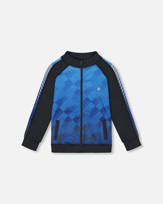 Printed Full Zip Athletic Cardigan Blue And Black