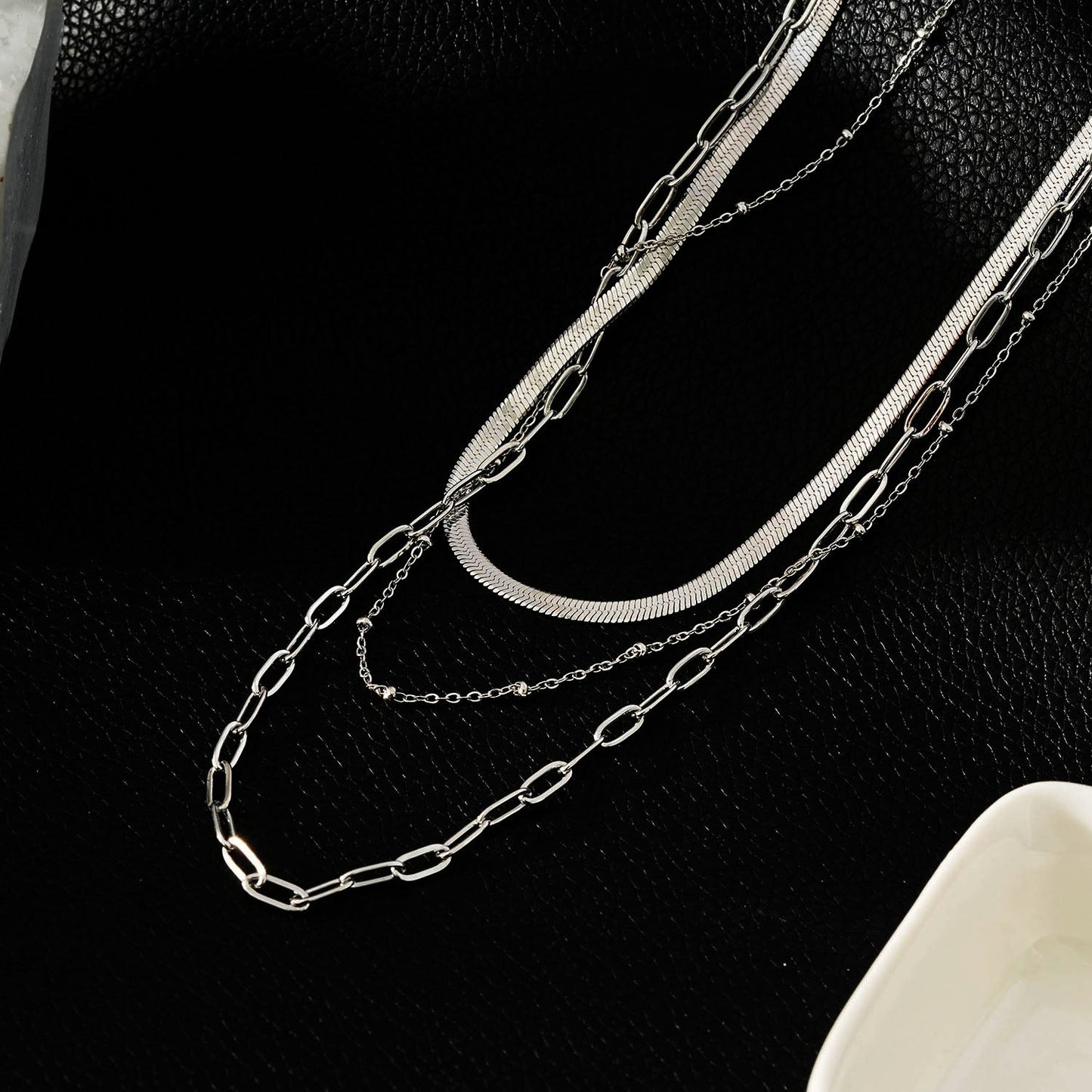 GEILNAR:  Triple Layer Mixed-Chain Necklace in Silver