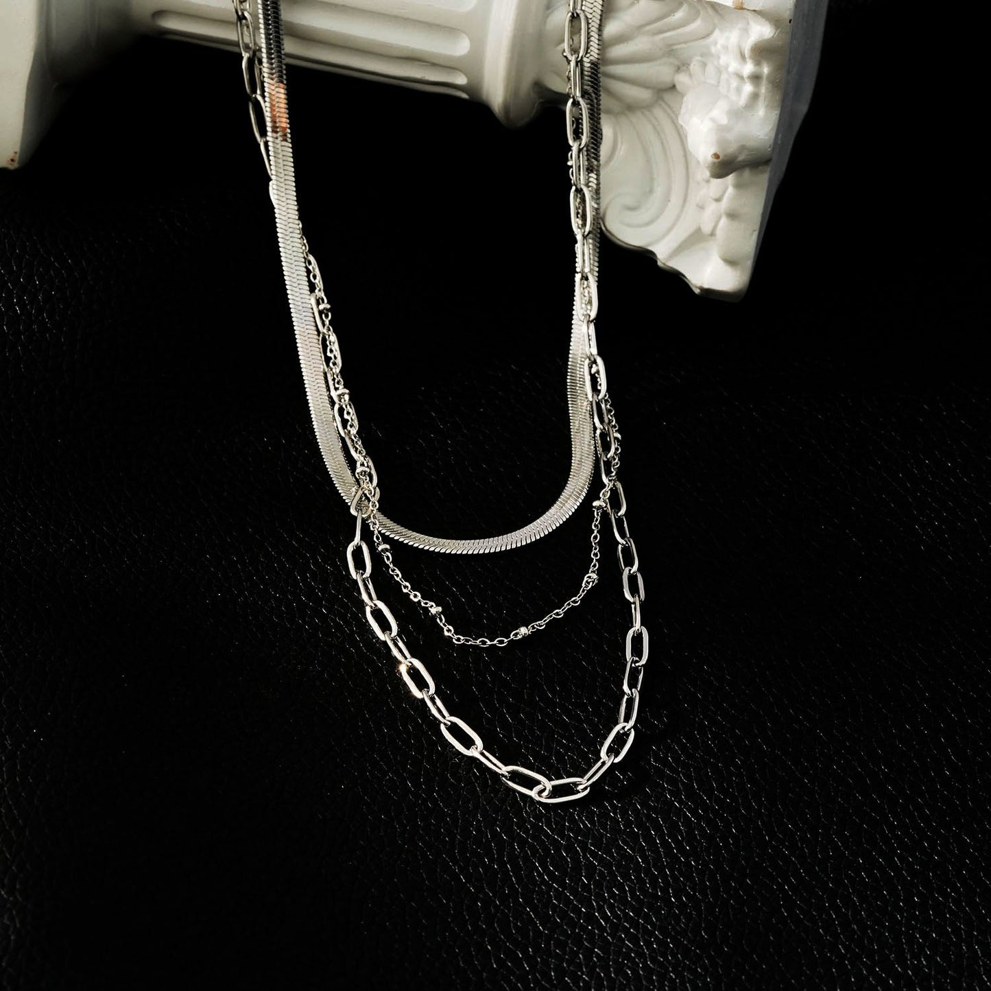GEILNAR:  Triple Layer Mixed-Chain Necklace in Silver