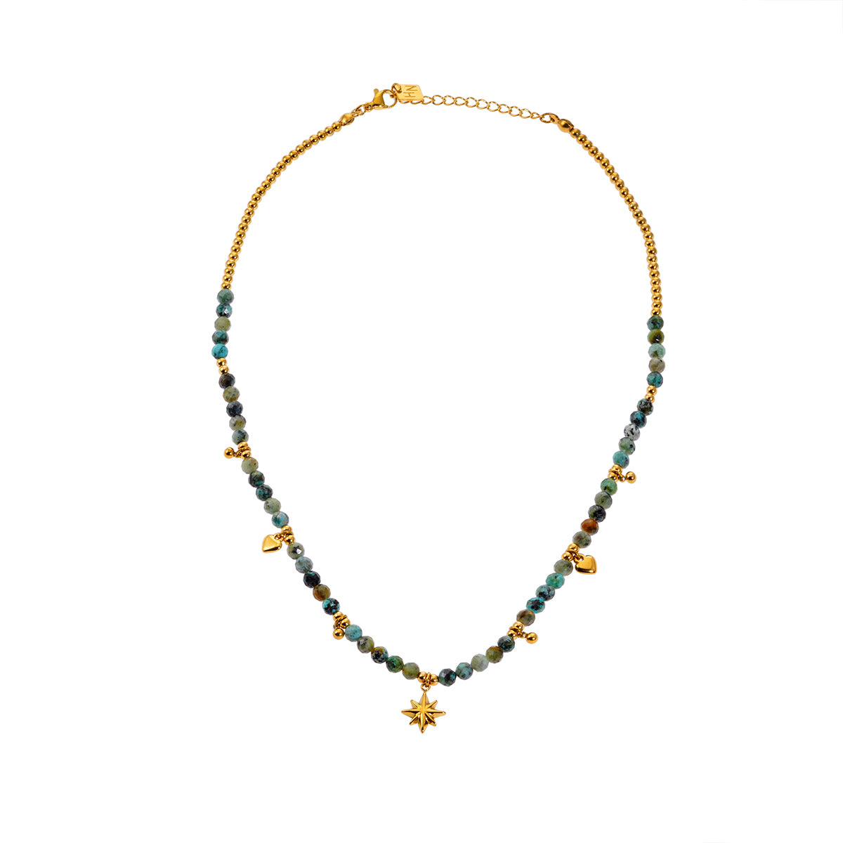 Style GITANJI: Blue Turquoise Stones with Gold Beads & Charms Chain Necklace