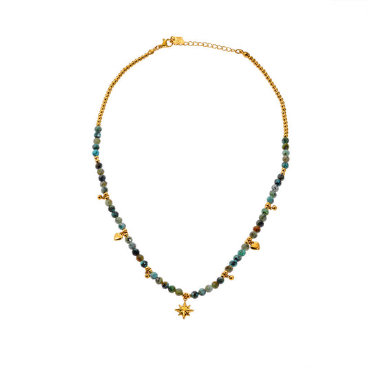 Style GITANJI: Blue Turquoise Stones with Gold Beads & Charms Chain Necklace
