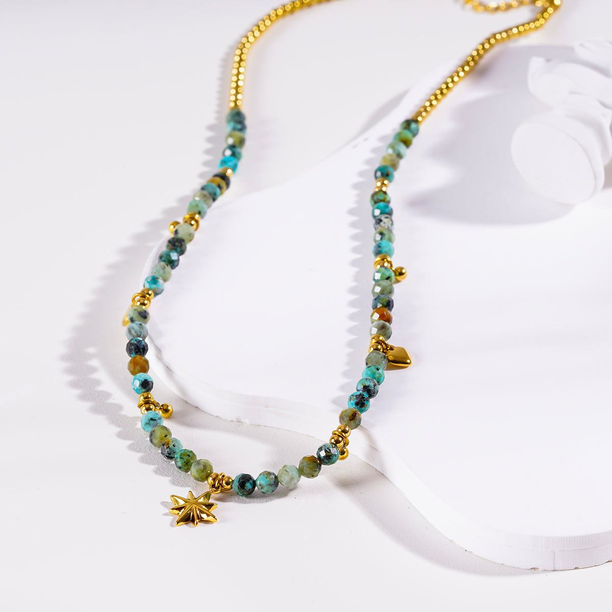 Style GITANJI: Blue Turquoise Stones with Gold Beads & Charms Chain Necklace