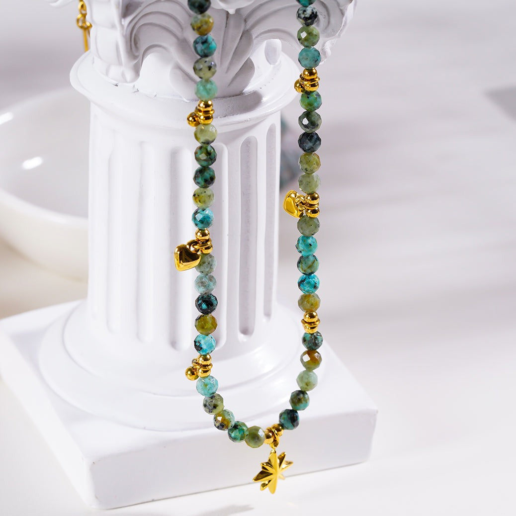 Style GITANJI: Blue Turquoise Stones with Gold Beads & Charms Chain Necklace