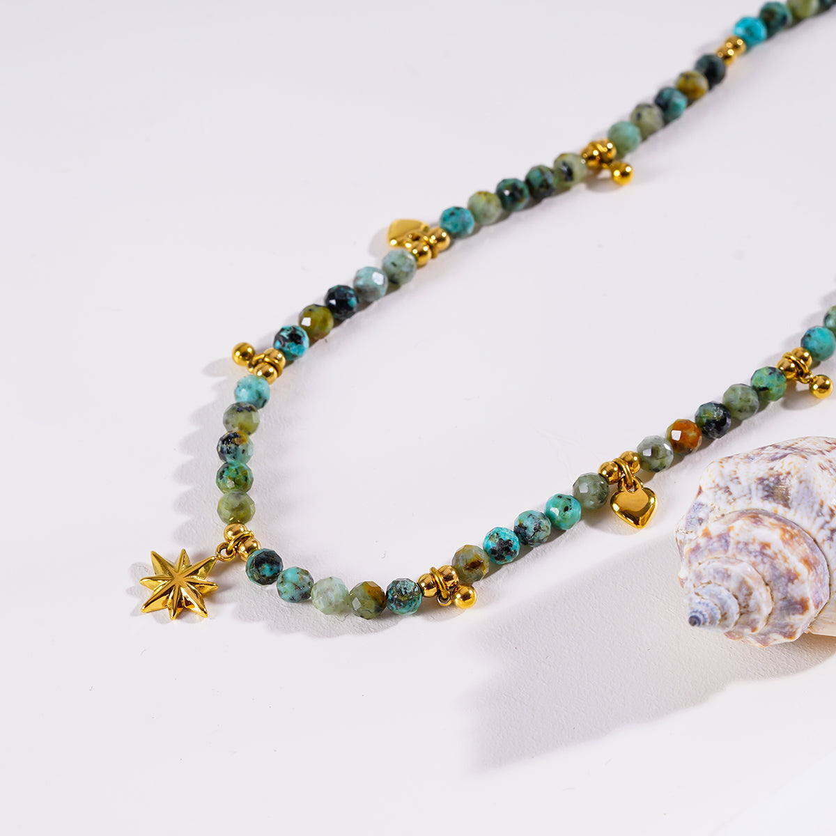 Style GITANJI: Blue Turquoise Stones with Gold Beads & Charms Chain Necklace