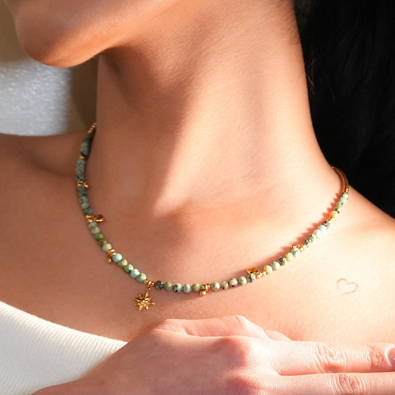 Style GITANJI: Blue Turquoise Stones with Gold Beads & Charms Chain Necklace