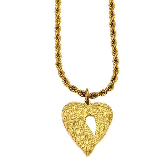 GIVERNY: Ornate Abstract Heart Pendant on a Rope Chain Necklace