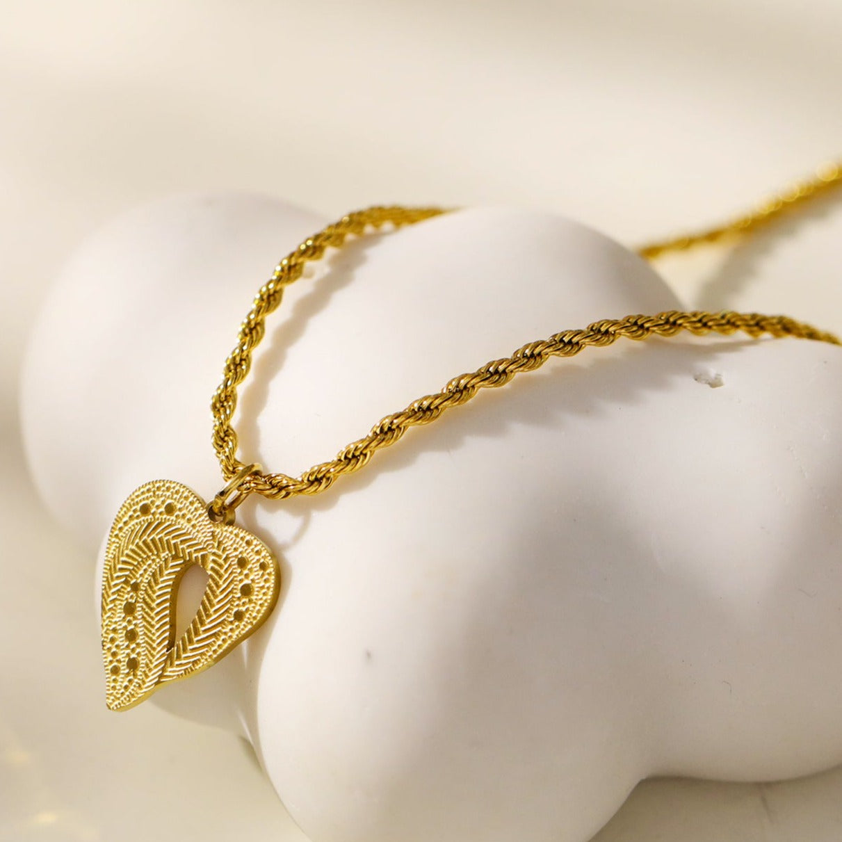 GIVERNY: Ornate Abstract Heart Pendant on a Rope Chain Necklace