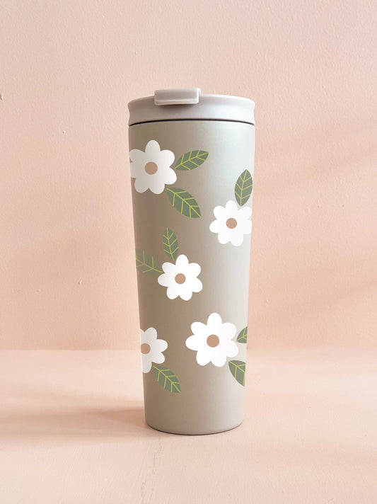 Gobelet isotherme 24oz - greige Fleurs maxi blanches