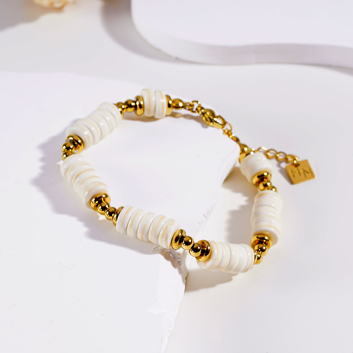 Style GODIVA: White Turquoise Stone & Gold Beaded Modern Boho Bracelet